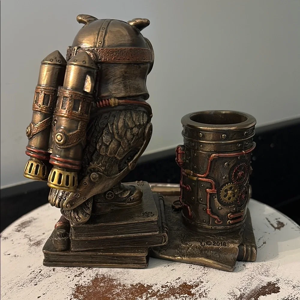 Steampunk Owl Cell Phone Pen Desk Statue Figurine Bronze Aviator Space Halloween